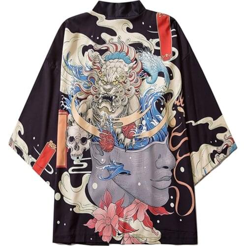 Asian Clothes Men Women Cardigan Blouse Top Streetwear Japanese Style Yukata Harajuku Kimono Cosplay Fashion Black Haori Obi