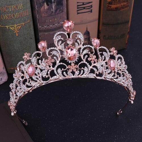 Baroque Luxury Pink Crystal Leaf Wedding Crown Queen Tiara Bride Crown Headband Bridal Accessories Diadem Marriage Hair Ornament