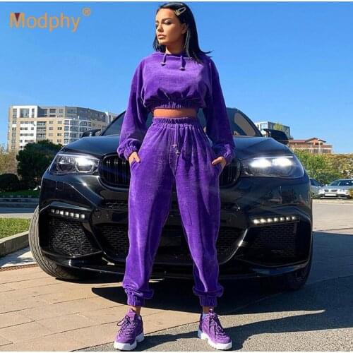 Free shipping 2 Two Piece Set Sport Suit Pink Fleece Crop Top Hoodies Sweat Pants Women Matching Sets Clothing Outfit