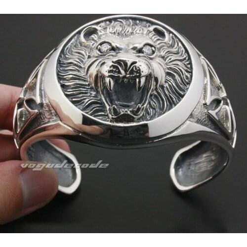 Huge Heavy Lion Knight King Cross 925 Sterling Silver Mens Bangle 9A003