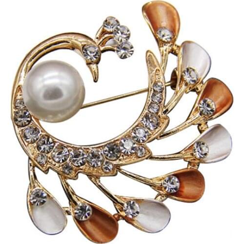 Peacock Brooch For Women Fashion Oil Drop Brooches Female Clothing Ppins Pearl Jewelry Accessories With Rhinestone