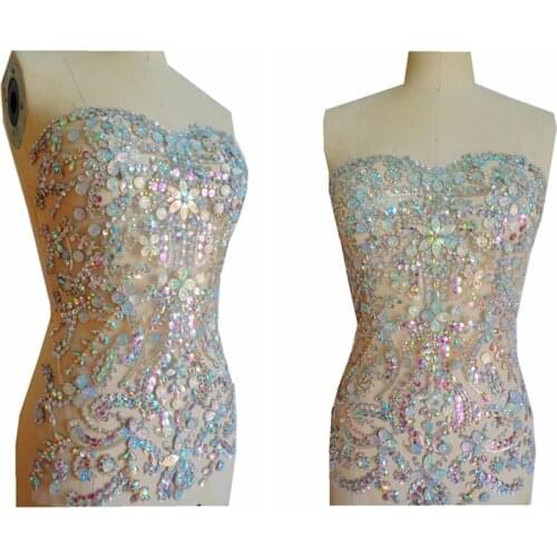 Pure hand made dazzling clear AB colour sew on Rhinestones applique on mesh me crystals trim patches 46*39cm dress accessory