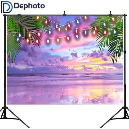 Dephoto Summer Sea Beach Backdrop Photography Sunset Seaside Ocean Palm Lights Background for Wedding Party Photo Studio Props