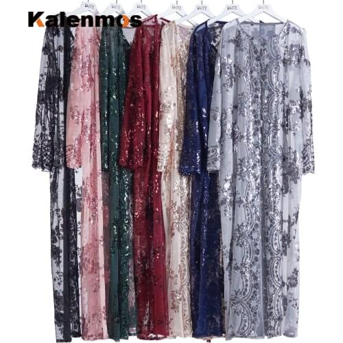 Dubai Arab Muslim Abaya Women Sequin Lace Ramadan Maxi Dresses Sash Islam Kaftan Kimono Long Robe Turkish Islamic Clothing New