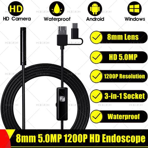 8mm 5.0MP 1200P HD Endoscope Camera 3-in-1 Scope Camera Zoomable Car Pipe Video Inspection Borescope Soft Hard Tube Endoscope
