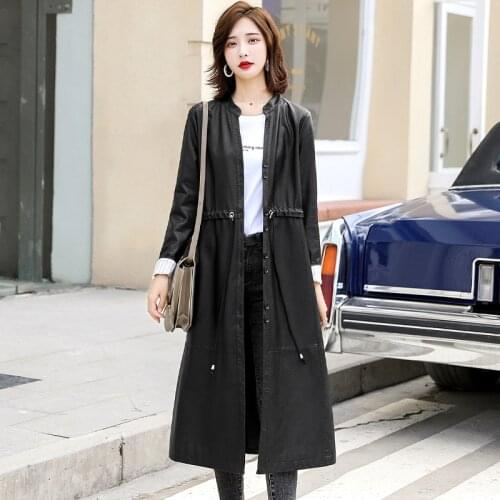 Spring And Autumn New Faux Leather Long Jacket Women Sheepskin Coat Fashion Long Sleeve Belt Waist Coats Female Slim Outwear