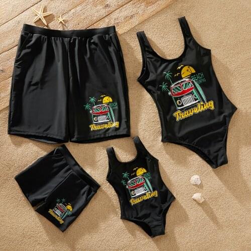PatPat 2021 Summer Family Matching Outfits Letter Car Fun Pattern Printing One-piece Parents Children Swimsuits For Holiday