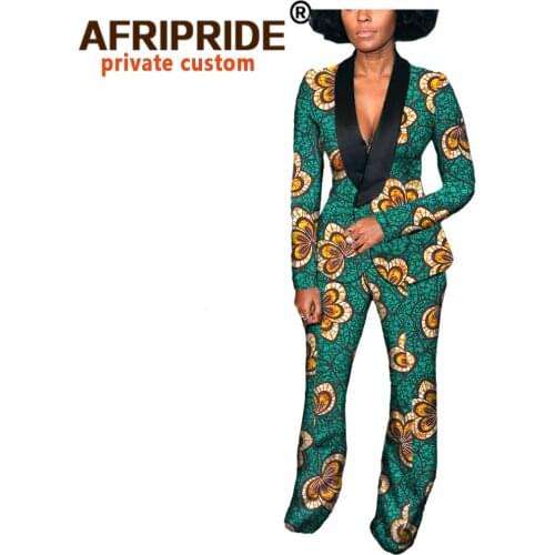 2020 Autumn african women suit AFRIPRIDE private custom full sleeve V-neck top+long pant 100% pure wax cotton plus size A722637