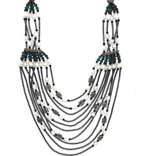 10Strands Black Onyx Hematite Azurite Necklace With 7-8mm White Baroque Pearl Statement Choker Jewelry For Women Gift 19 Inch