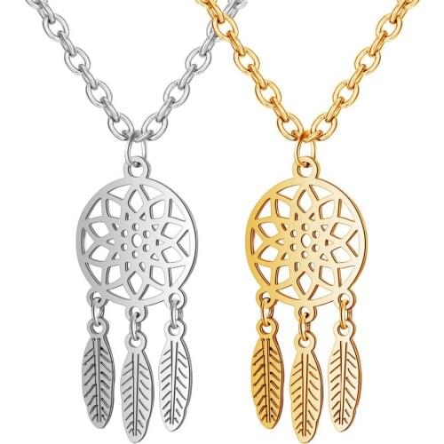 Stainless Steel Dream Catcher Necklace Indian Jewelry Women Gold Pendant Statement Dreamcatcher Necklace Polished Titanium