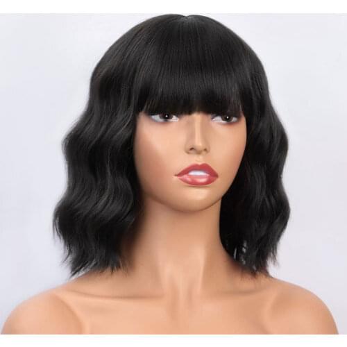 Vigorous Short Wavy Wig with Bangs Black Synthetic Wigs for Women Natural Brown Mixed Black Hair Bob Wigs Heat Resistant Fiber