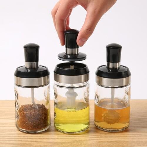 Transparent Lid Glass Seasoning Kitchen Spice Kit Bottles Salt and Pepper Spoon Jars Oil Brush Honey Container Food Set Storage