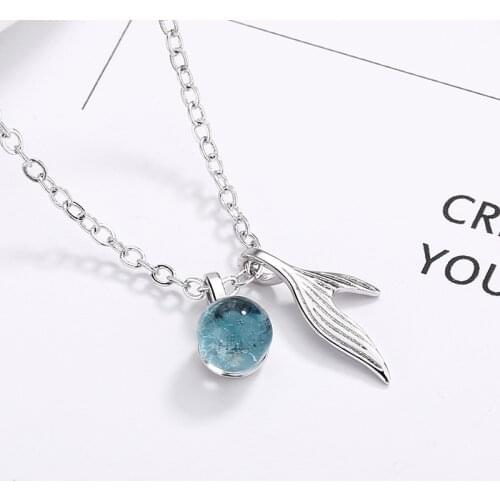 A Girl' New Blue Crystal Mermaid Pendant Necklace For Women Wedding Birthday Creative Fashion Jewelry