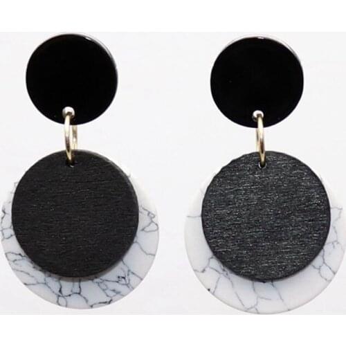 White Round Sheet Marble Wood Earrings Original Design Black Wood Round Sheet Dangle Earrings for Women Simple Statement Jewelry