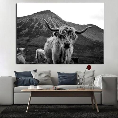 Scottish Highland Cow Yak Black and White Animal Poster Wall Art Canvas Paintings Prints on Canvas for Living Room Home Decor