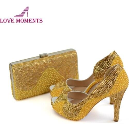 Gold Rhinestone Yellow Pearl Bridal Dress Shoes Clutch 4 Inches High Heel Summer Peep Toe Wedding Party Shoes with Matching Bag