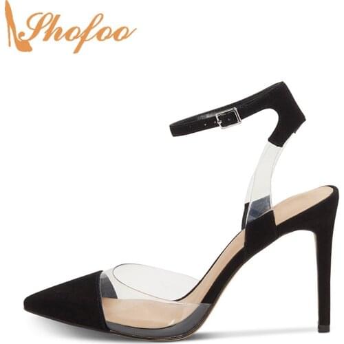 Black Clear Patchwork Slingbacks High Thin Heels Stilettos Pointed Toe Pumps Woman Ladies Fashion Shoes Large Size 13 15 Shofoo