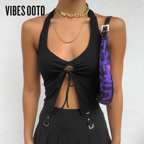 VIBESOOTD Halter Sexy Backless Tie Front Tops for Women Sleeveless 2021 Summer Black Crop Tops Club Party Fashion Outfits