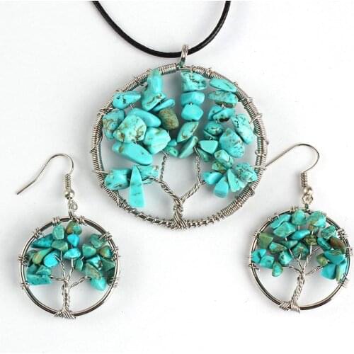 KFT Silver Plated Tree of Life Pendant Green Turquoises Stone Pendants Necklace Drop Earrings Wire Wrapped Jewelry Sets