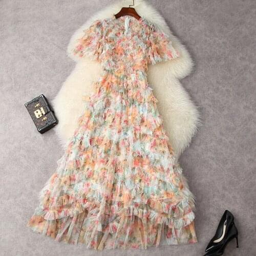 Europe and the United States womens clothing New Summer 2021 Short sleeve v-neck Fashionable pleated dress printed with gauze