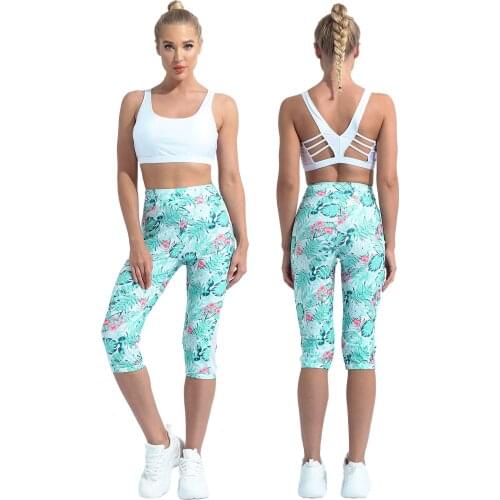 Women Sports Tracksuits Workout Gym Floral Print Suit Yoga Outfit Round Neck Sleeveless Racer Back Vest with Cropped Leggings