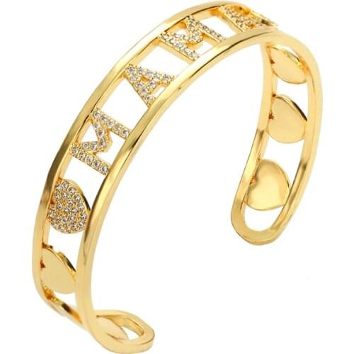 Womens Gold Bangles Bracelets MAMA Cubic Copper Zirconia 18K Gold Plated Adjustable Open Hollow Bangles Mothers Day Gift