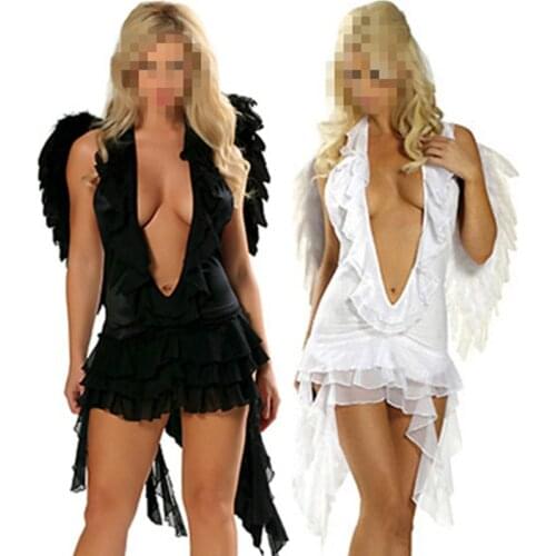 Cheap Front Open Black White Cosplay Party Costume Backless Sexy Female Halloween Costume Dress Carnival Adult Angel Costume