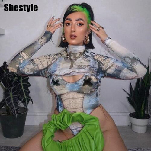 Shestyle Mesh See Through Two Pieces Set Women Painting Long Sleeve Tank High Waist Mock Neck Bodysuits Clubwear Clothing