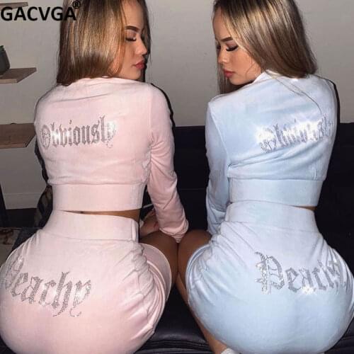 GACVGA Velour Two Piece Diamond Letter Sexy Crop Top And Bodycon Skirt Set Pink Long Sleeve Zipper Chic Mini Women Autumn Dress