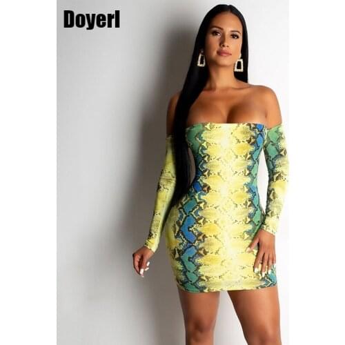 Sexy Animal Snake Print Bodycon Dress Women Long Sleeve Off Shoulder Backless Club Dress Elegant Back Lace Up Short Party Dress