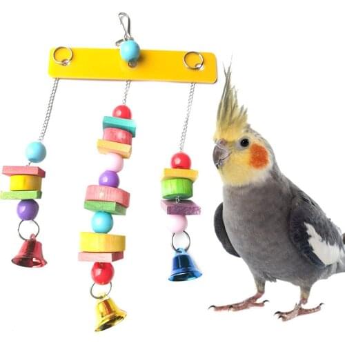 1Pc Crearive Parrot Bird Hanging Swing Toy Colorful Wooden Blocks Bells Funny Bird Chewing Toy Parrot Cage Toy For Birds Playing