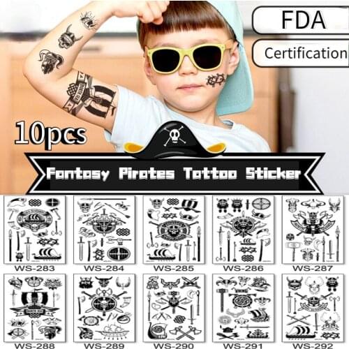 10PCS Cute Pirate Treasure Hunt Funny Fake Tattoo Children Temporary Tattoo Sticker Waterproof Body Art Disposable Tattoo