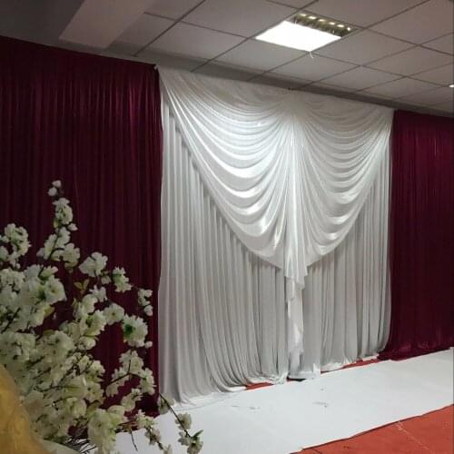 3m X 6m New Arrive Ice Silk Pleated Backdrop With Big Swag at Middle Burgundy Wedding Drape