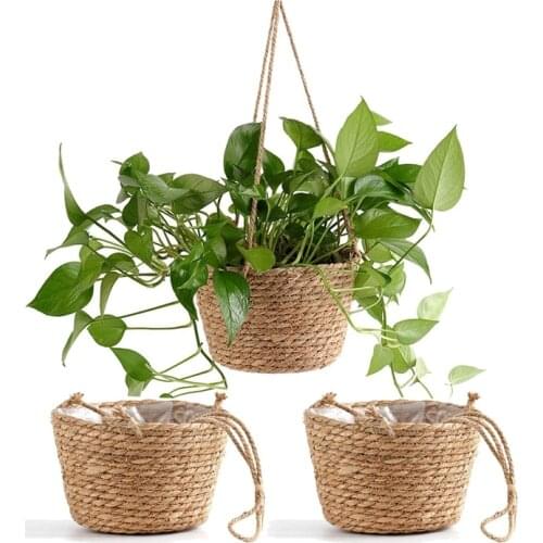 3Pcs Seagrass Hanging Planter Basket,Woven Indoor Outdoor Flower Pot Plant Hanger Succulent Potted Container Home Decor