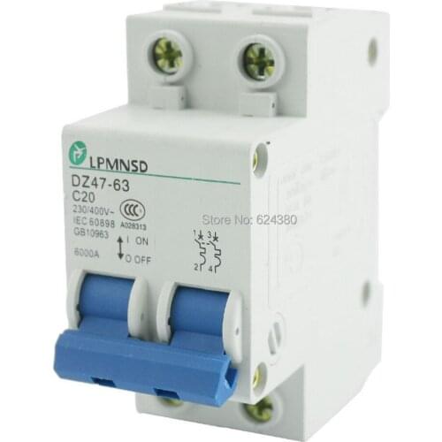 AC 230V / 400V 20A32A 2 Poles 2P MCB Miniature Circuit Breaker Overload Protection Protector DIN Rail Mount DZ47-63 C20 Discount