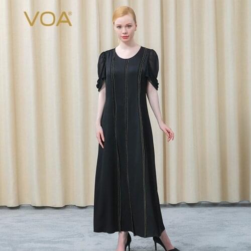 VOA Silk Black Double-sided Satin Round Neck Vertical Fold Stitching Open Line Decorative Skin-friendly Comfortable Dress AE920