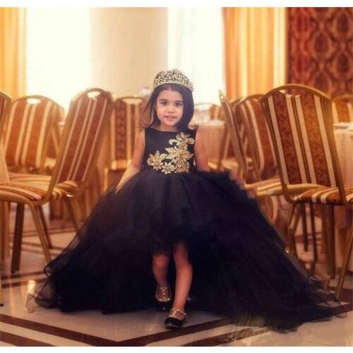 Black High Low Flower Girls Dresses For Weddings Jewel Neck Backless Gold Lace Appliques Beads Pageant Party Dress