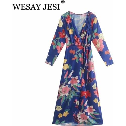 WESAY JESI Dress Za Summer Fashion V-Neck Vintage Color Print Long Sleeve Dress Woman Clothes Slim Fit Chic Dresses Elegant Lady