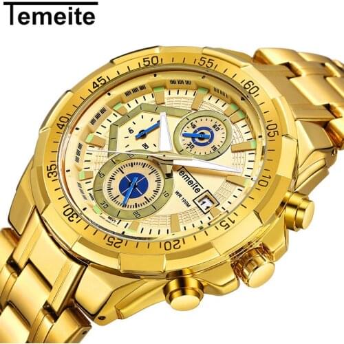 TEMEITE 2019 Men Quartz Watches Golden Stainless Steel Band Mens Causal Sport Calender Waterproof Wristwatch Relogio Masculino