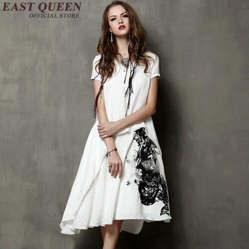 2018 New Summer vintage 50s dresses Chinese ink print tshirt dress white color A-line false two piece midi dress KK1126
