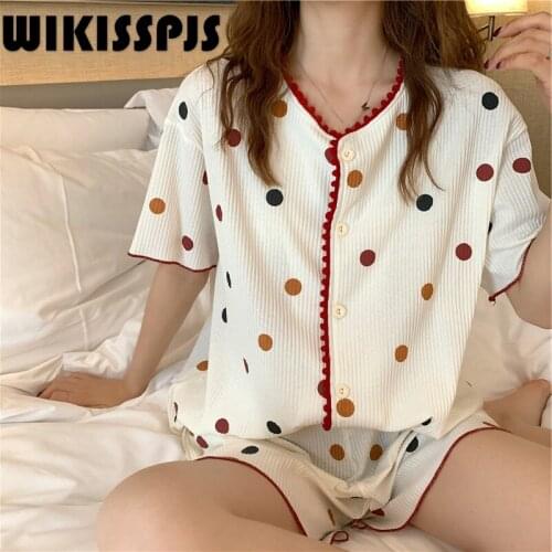 2021 Summer New Wave Point Lace Cardigan College Style Relaxed Comfortable Home Clothes Sleepwear Women Womens Two Piece Sets