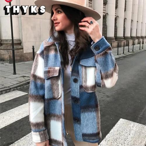 Autumn Winter Plaid Jacket Wool Blend Coat Fashion button Long Sleeve Coat Casual Office Warm Overshirt Ladies Jackets Chic Tops