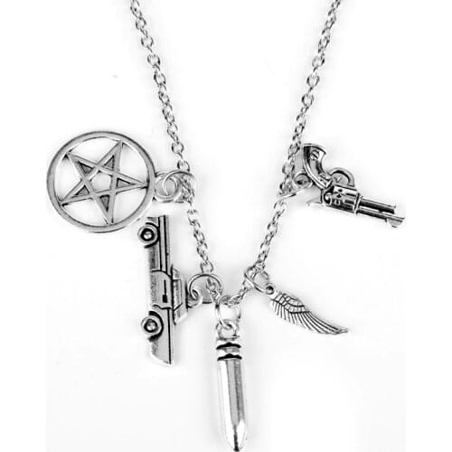 The Walking Dead Charm Pendant Necklace Supernatural Wings Zombie Apocalypse Handgun Bullet Car Pentagram Choker Necklaces-30