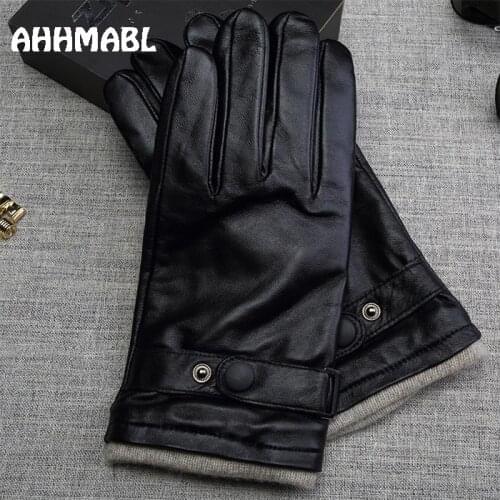 Winter Men Genuine Leather Gloves Touch Screen High Quality Solid Black Real Sheepskin Driving Glove Button Fashion G589