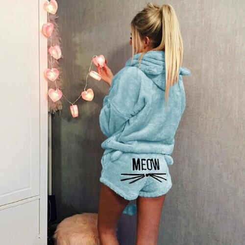 2019 New Autumn Winter Women Two Piece Set Pajamas Warm Coral Velvet Suit Sleepwear Cute Cat Pattern Hoodies Shorts Outfit