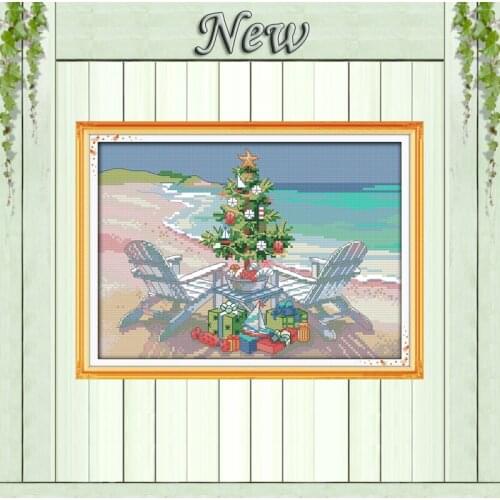 Christmas tree seaside decor painting counted print on canvas DMC 14CT 11CT Chinese Cross Stitch Needlework Sets Embroidery kits