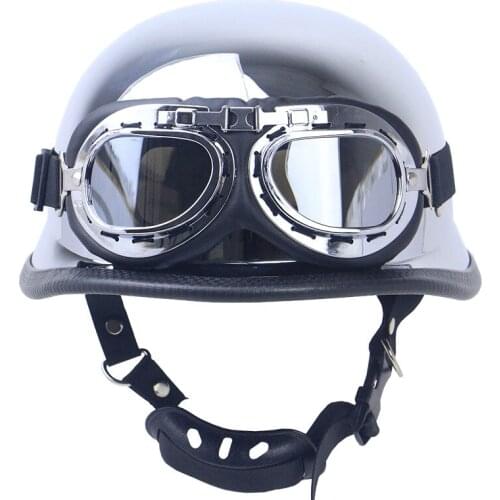 DOT Silver Plating Chrome Half Helmet Cruise Chopper Biker Pilot World War II German Style Motorcycle Open Helmet with Goggle