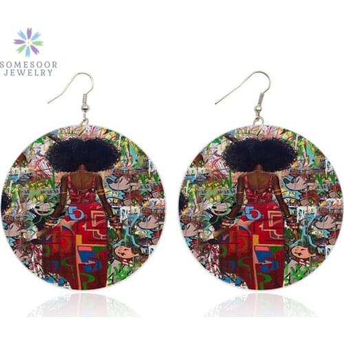 SOMESOOR Printed Urban Mannerisms African Wooden Drop Earrings AFRO Natural Hair Woman Graffiti Both Sides Painting Jewelry Gift