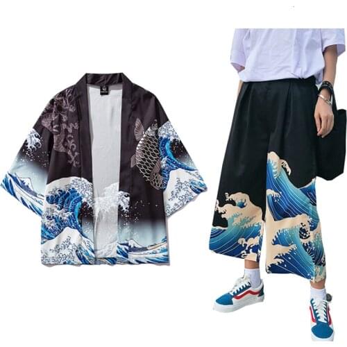 Unisex Woman Japanese Harajuku Kimono Haori Thin Sunscreen Coat Cardigan Ukiyo Man Wide Leg Pants Leisure Loose Harem Trousers