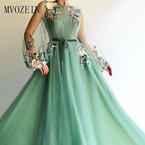 Robe de soiree Green Evening Dresses Long Sheers A-Line O-Neck Full Sleeves 3D Flower Evening Party Dress Prom Gowns Vestidos